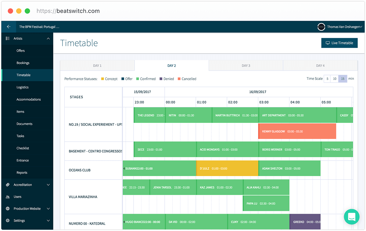  The perfect tool for talent buyers and artist manager. Our drag and drop timetable builder takes you from concept to fully confirmed line up.