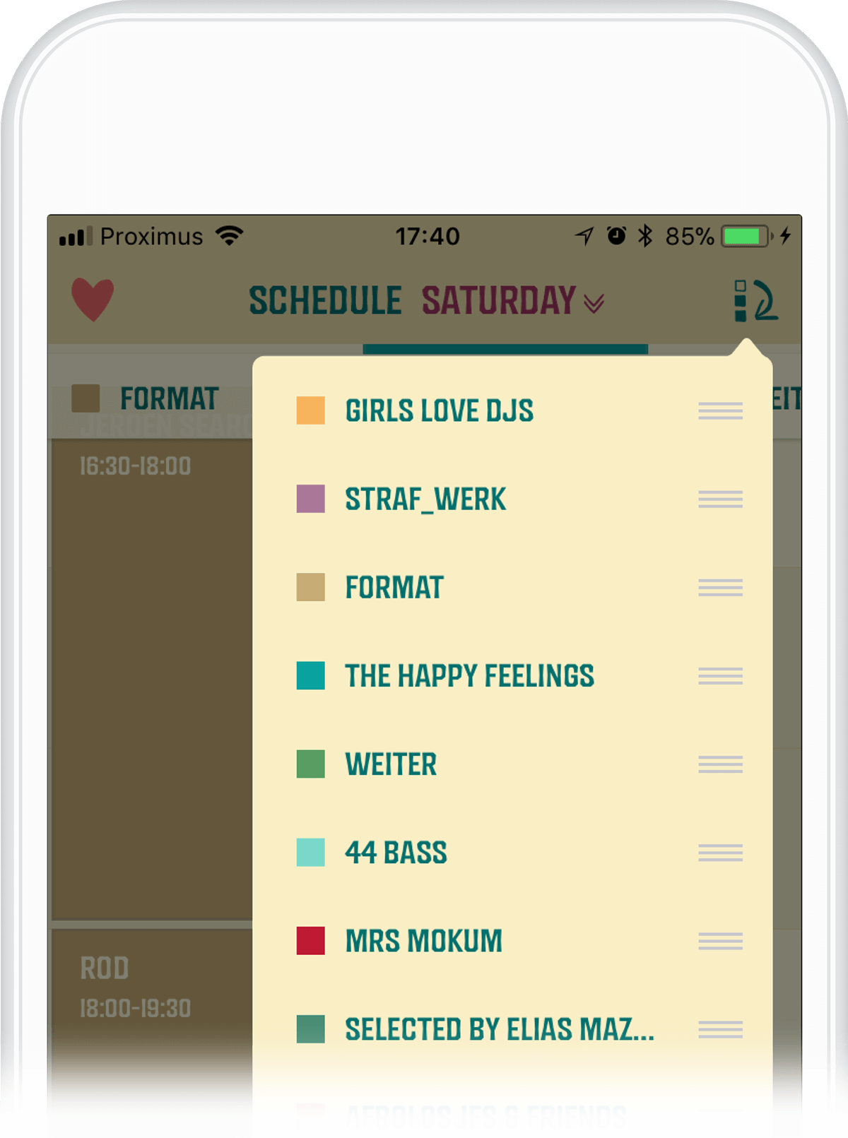 Users can select favourites to create their own personalized schedule and receive reminders before their favourite bands take the stage.